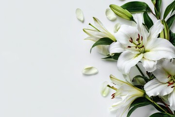 Fototapeta premium Delicate white lilies arranged on a plain background with scattered petals