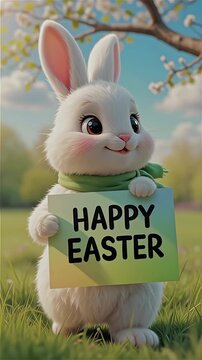 Cute Easter Bunny Holds Happy Easter Sign in Bright Spring Meadow for Spring Celebration