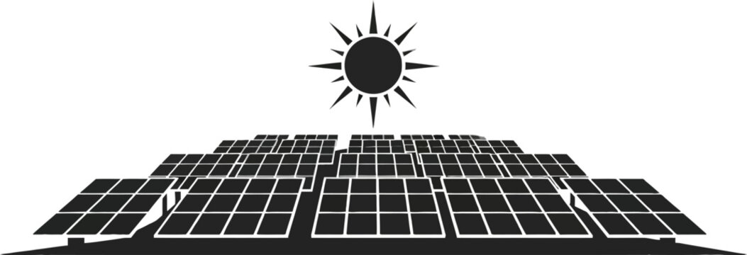 Black solar panel array with sun on for renewable energy