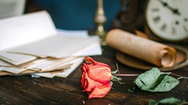 A vintage scene on a dark wooden table features a clock, roses, papers, and scrolls