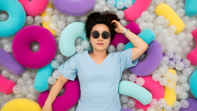 Woman lying in colorful ball pit with cushions