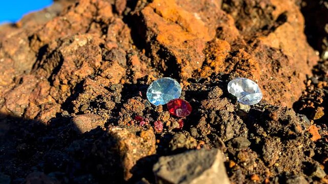 Close-up of rough textured brown rock with scattered sparkling gemstones in different colors