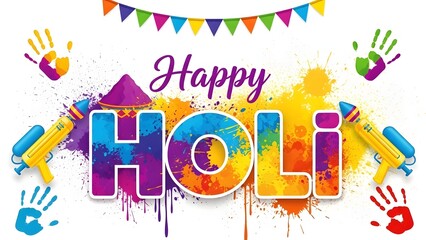 Vibrant happy holi festival celebration background with colorful handprints and decorations