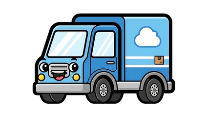 Cartoon delivery truck with smiling face and package