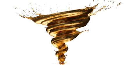A mesmerizing mini tornado made of swirling liquid gold with a funnel cloud effect and splashing droplets isolated on a white background with swirling vortex