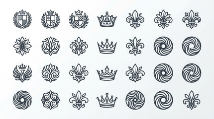 Eid mubarak a collection of decorative symbols including crowns floral shapes and geometric designs arranged in rows on a white surface