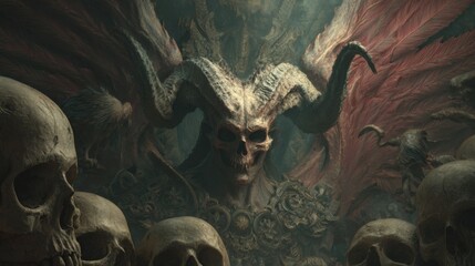 Terrifying demon with skulls and dark wings