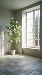 Fototapeta premium Interior scene with a potted flowering tree bathed in sunlight from a large window, casting shadows on the floor and wall. Clean, minimalist aesthetic.