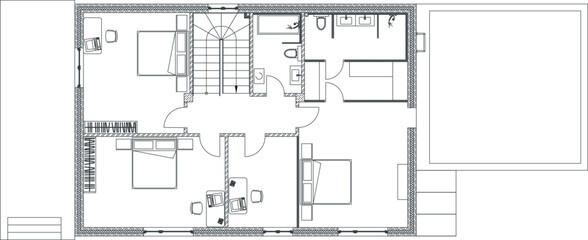 Technical vector of a modern residential upper floor plan, featuring a large master bedroom with study area, two additional bedrooms, a central staircase, and a spacious bathroom.