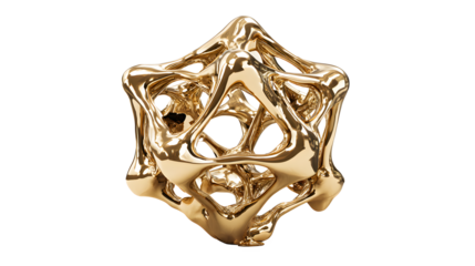 A geometric icosahedron made of liquid gold with twenty intricate interconnected rings on a white background with metallic and precious and luxury