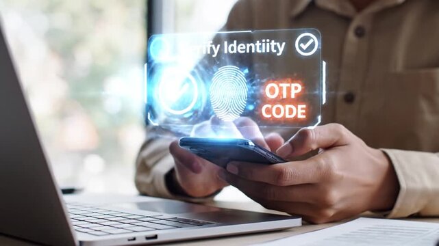 A person is using a smartphone with a holographic interface displaying a fingerprint scan and verification prompt near a laptop