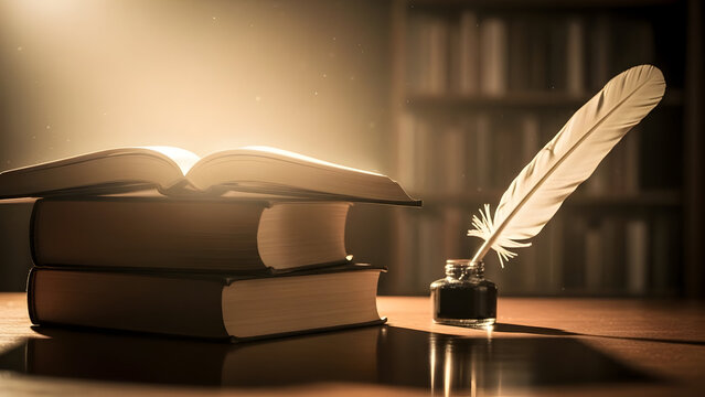 An old open book illuminated by warm light, accompanied by a quill and inkpot on a wooden desk