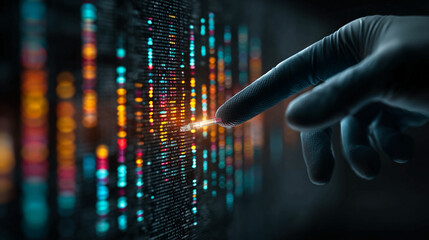 DNA sequencing screen scene showing genetic data representing identification justice system professionalism laboratory environment controlled lighting
