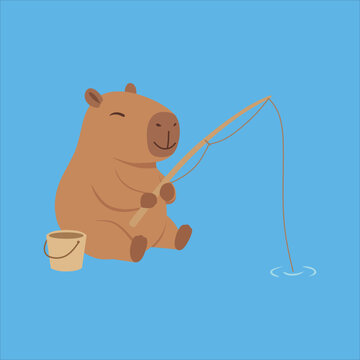 Capybara fishing on blue background