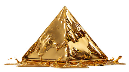 A geometric pyramid shape made of liquid gold soft and shiny with a smooth surface and golden splashes around it on a white background with luxury