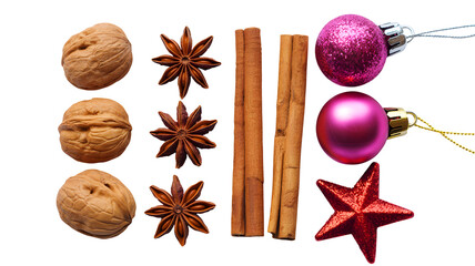 Festive holiday spices and decorations isolated on transparent background