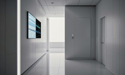 Modern Longevity Clinic - futuristic white interior with biometric displays glowing softly, cinematic symmetry and sterile calm.