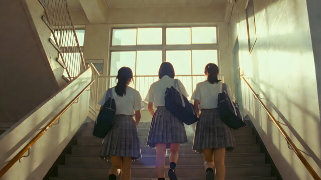 教室へ向かう3人の女子高生の後ろ姿　希望に満ちた朝または夕暮れの学校 Rear view of high school friends with bags going up the stairs together in school.