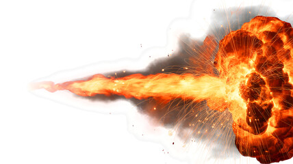 Intense explosion with fiery sparks and smoke isolated on transparent background