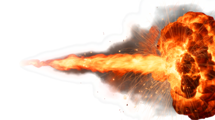 Intense explosion with fiery sparks and smoke isolated on transparent background