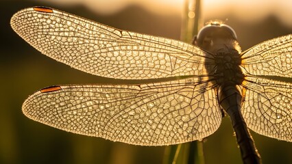 Dragonfly perched on a blade of grass, wings spread wide, backlit by the warm sunlight in a serene natural setting, viewed from behind as in 101.jpg