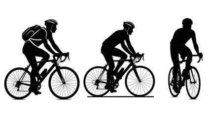 Obraz premium Silhouette of Cyclists on Bicycles with Backpack and Helmets on White Background
