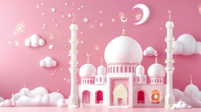 Vector Islamic Ramadan greeting background with cute 3D mosque and pink Islamic crescent moon studded with stars in warm Ramadan Kareem atmosphere.