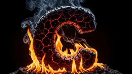 Fiery letter C engulfed in flames, burning intensely with smoke rising against a dark background as depicted in 111.jpg