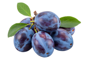 Fresh plums with green leaves isolated on transparent background