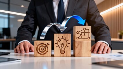 Businessman with wooden blocks and icons