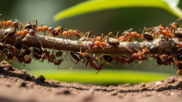 Realistic macro wildlife photo of ants forming a living bridge using bodies