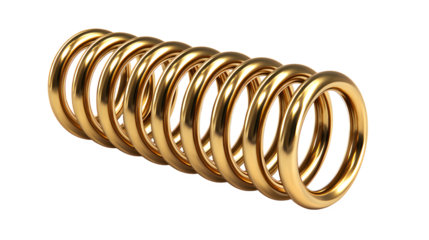 A heavy gold industrial spring compressed coil with a shiny metallic surface and smooth rounded edges on a plain white background for engineering and manufacturing