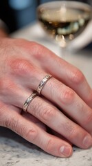 Obraz premium Elegant Wedding Rings on Hand with Glass of Wine in Background