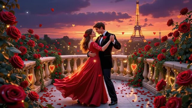 A couple dances on a balcony among red roses overlooking the Eiffel Tower.