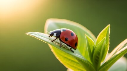 A ladybug perched on a green leaf with a blurred natural background in a macro photography view