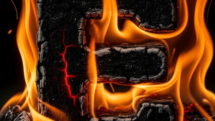 Blazing fire engulfs a charred log, intense flames dancing around it, a fiery scene captured up close