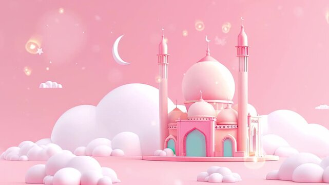 Vector Islamic Ramadan greeting background with cute 3D mosque and pink Islamic crescent moon studded with stars in warm Ramadan Kareem atmosphere.