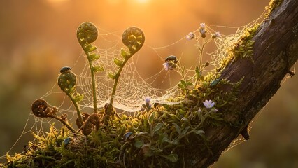 Moss and ferns grow on a tree branch covered with spiderweb at sunrise