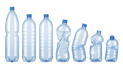 Crushed plastic water bottles in a row isolated on transparent background