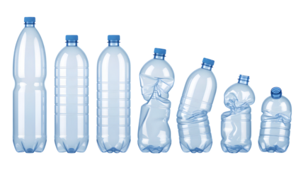 Crushed plastic water bottles in a row isolated on transparent background