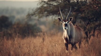 Obraz premium Elegant Roan Antelope Standing Tall in Golden African Savanna at Dusk