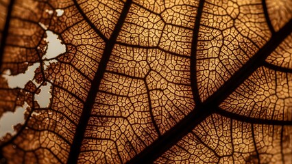 A detailed close-up view of a dried leaf's intricate brown veins, captured from a top-down perspective, showcasing natural patterns in a macro photography style