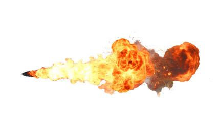 Missile in intense fiery explosion isolated on transparent background