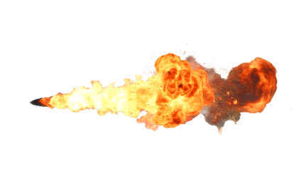 Missile in intense fiery explosion isolated on transparent background