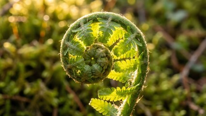 Unfurling fern frond illuminated by sunlight in a lush green forest environment from a close-up viewpoint as captured in 150.jpg