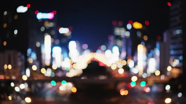 Vibrant abstract bokeh of a bustling city at night, with blurred streetlights and traffic