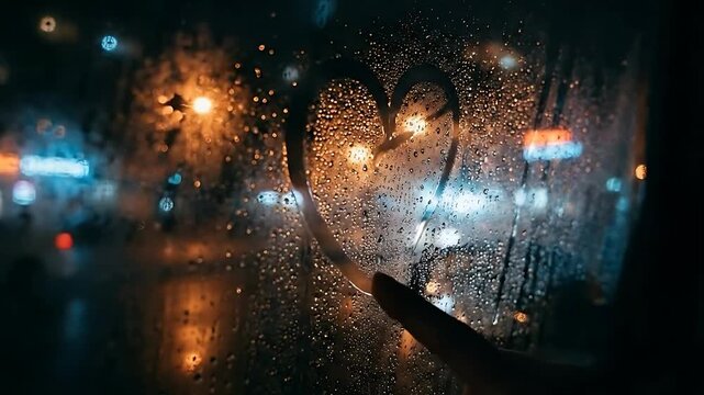 Finger Drawing Heart Shape on Foggy Glass Window at Rainy Night City Background