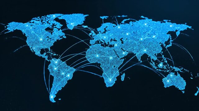 Global digital map with blue pixels on black background