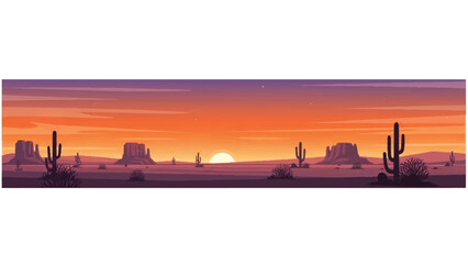 Naklejka premium Panoramic view of a desert landscape at sunset with silhouetted cacti and rock formations against a vibrant orange and purple sky.