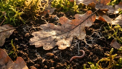 A worm crawls under a dry oak leaf on the forest floor surrounded by moss and soil in a natural outdoor environment viewed from above 162.jpg
